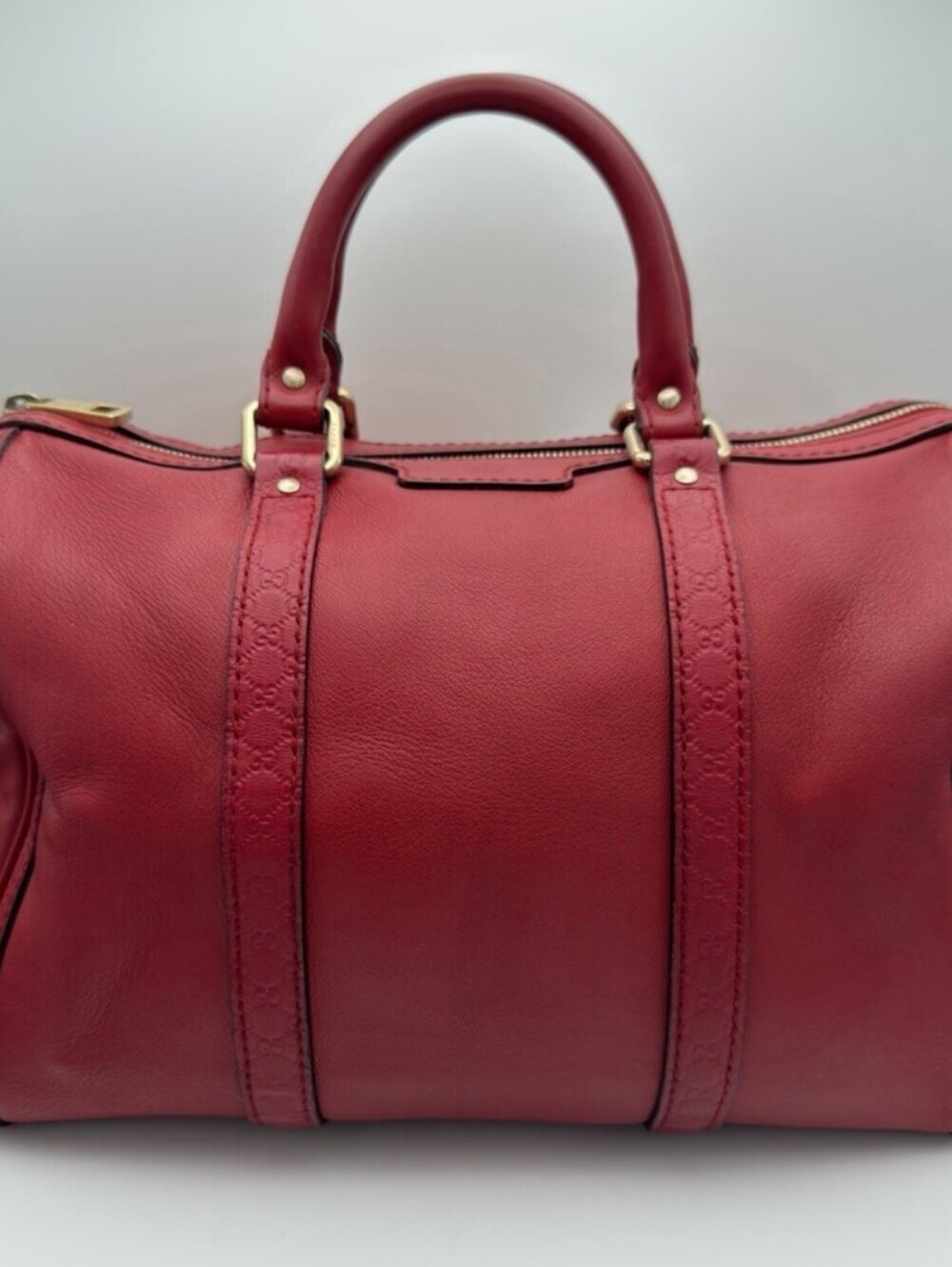 ❤️ Authentic Gucci Red Joy Boston Bag Guccissima Vertical Leather Trim GG Strap